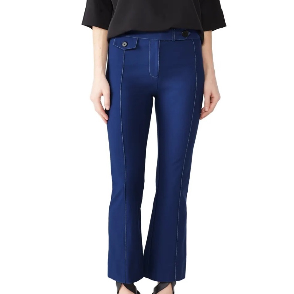 Derek Lam 10 Crosby‎ Military Blue Flared Cotton Blend Contrast Stitch Trousers